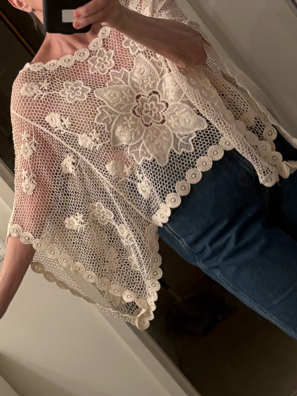 Crochet Floral Lace Poncho - Cream